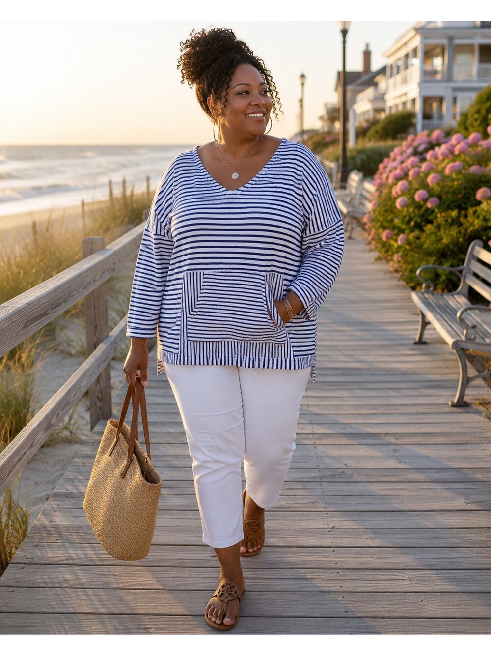 French Laundry 2X Coastal Striped Terry Knit Pullover Navy White Plus Size Top